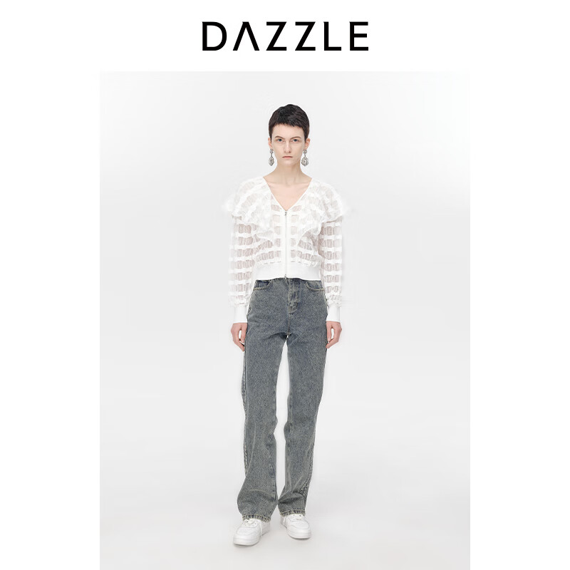 DAZZLE地素针织开衫春秋装镂空肌理感针织荷叶领毛衫外套女 白色 XS