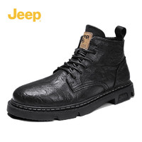 Jeep 吉普 男鞋冬季加絨保暖馬丁靴英倫風商務休閑機車皮面戶外工裝吉普男靴 黑色（運動鞋碼） 39