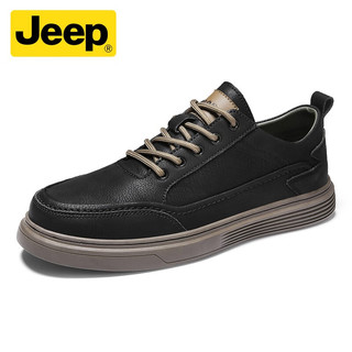 Jeep 吉普 舒适耐磨吉普男鞋2024春季新款休闲皮鞋运动板鞋黑色小皮鞋潮 黑色 38 （标准皮鞋码）