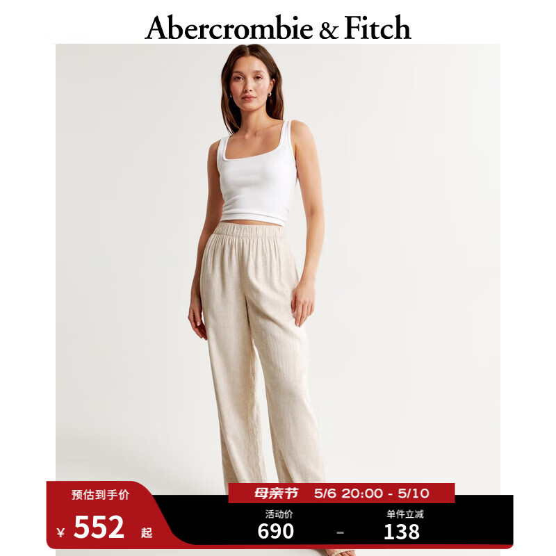ABERCROMBIE & FITCH女装 24春夏新款亚麻混纺松紧高腰阔腿裤长裤KI156-4182 浅米色 1