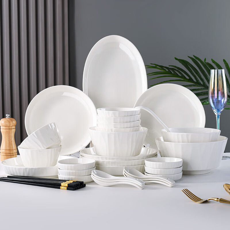 洁雅杰碗碟套装家用陶瓷餐具整套装组合盘子碗筷礼盒 白色琉璃35头