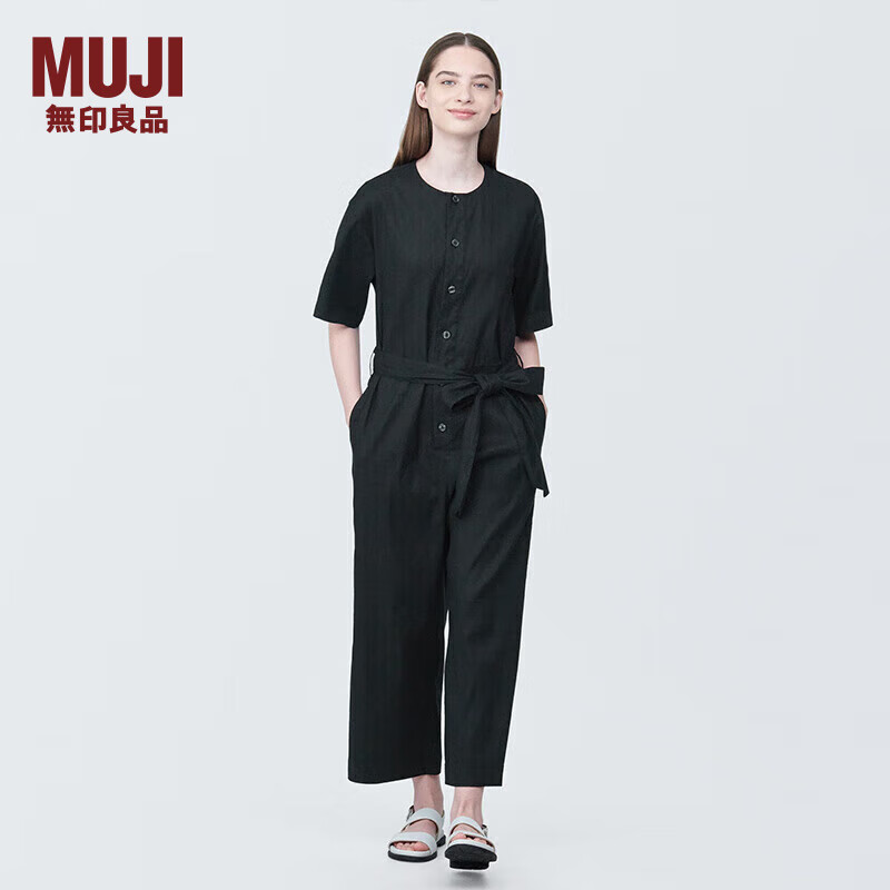 无印良品（MUJI）女式  麻混 弹力 连体裤 裤子女款  BC2J9C4S 黑色 XL (165/92A)