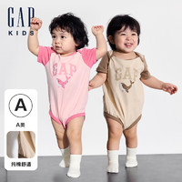 Gap婴儿2024夏季纯棉印花撞色短袖连体衣儿童装包屁衣505609 粉色 80cm (9-18月) 亚洲尺码