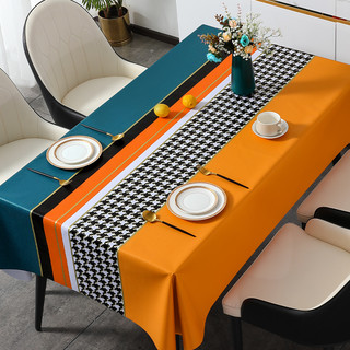 本知 精致千鸟格-深橙蓝桌布防水防油免洗推荐家用餐桌布茶几布