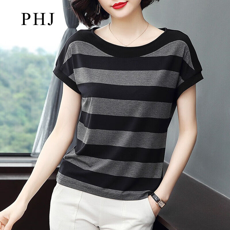 PHJ 短袖T恤女夏季新款韩版修身显瘦条纹半袖体桖衫中年女士圆领上衣