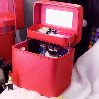 京惠思创 大容量化妆包 洗漱包化妆盒手提式化妆箱收纳盒首饰盒女红色双层