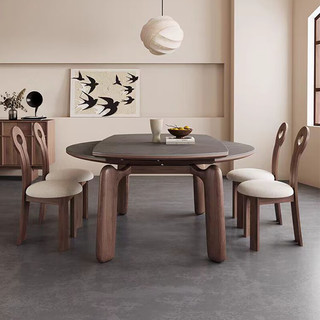 伽穆家居 可伸缩方变圆形2024年新款复古法式中古侘寂风折叠实木餐桌椅组合 单餐桌 1.2m 伸缩