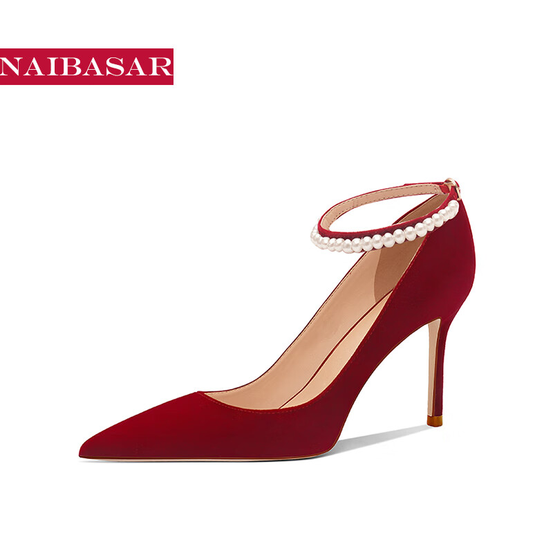 NAIBASAR 2024年一字绑带红色中式婚鞋高跟鞋两穿宴会订婚新娘鞋 酒红 8cm 【珍珠绑带】 33