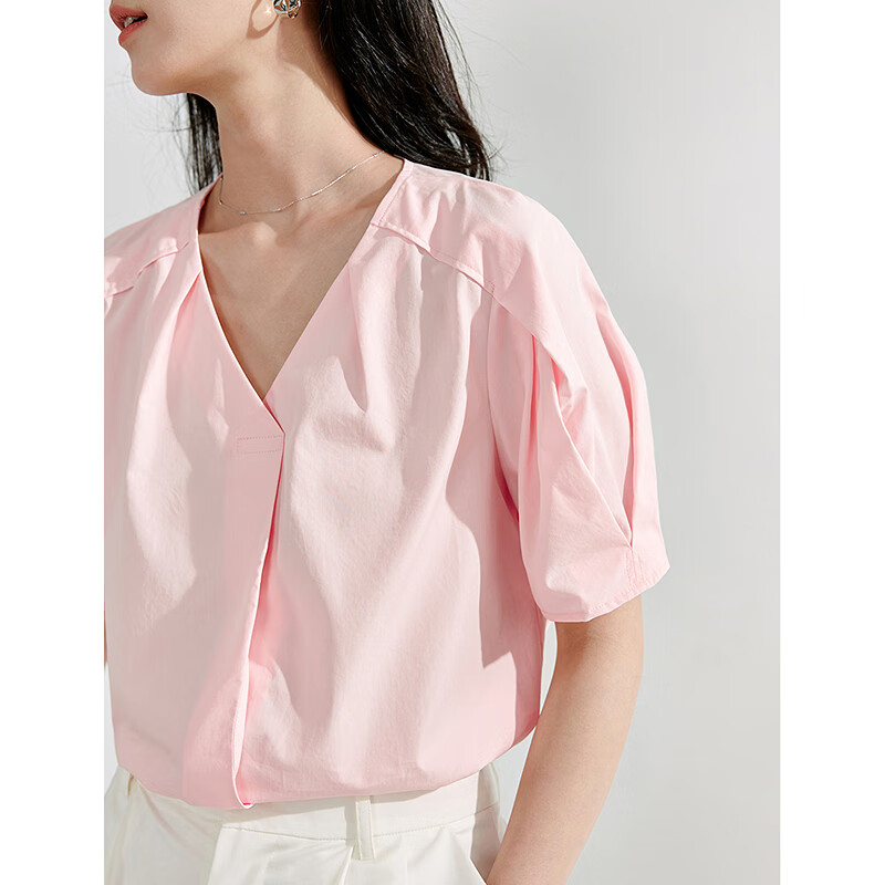 茵曼（INMAN）法式设计感压褶V领衬衫2024夏女装小众立体短袖宽松上衣 藕粉色 XL