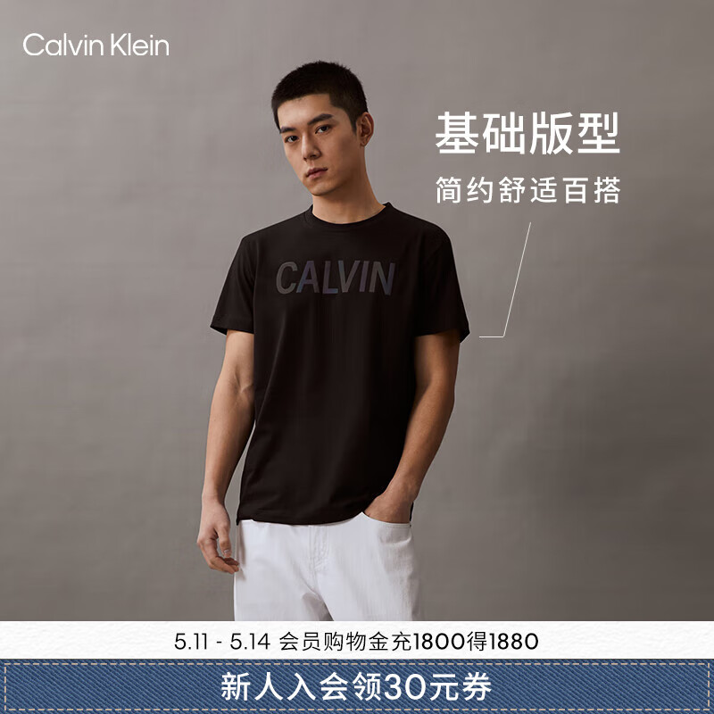 Calvin Klein  Jeans夏季男女中性摩登霓虹印花休闲圆领短袖T恤J318289 BEH-黑色 XL X  （180-190斤）