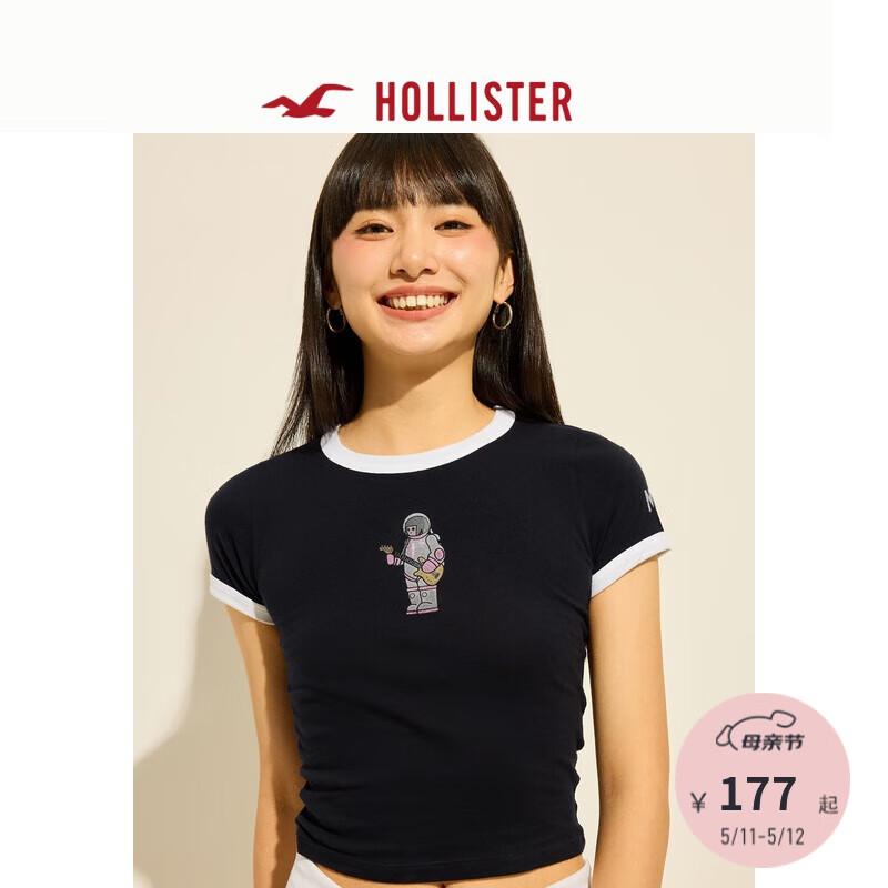 HOLLISTER【草莓音乐节】24夏季美式印花短袖T恤女KI357-4006 黑色印花 XXS