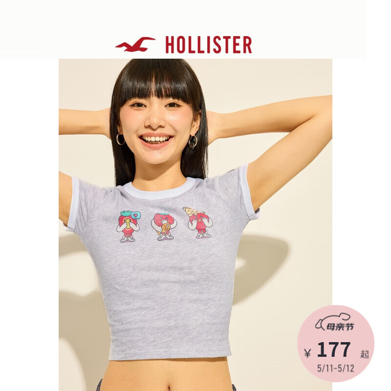 HOLLISTER【草莓音乐节】24夏季美式印花短袖T恤女KI357-4006 灰色印花 L