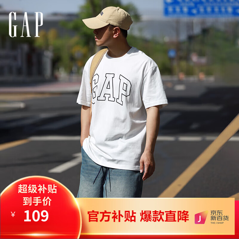 Gap男装2024夏撞色logo圆领短袖T恤纯棉上衣544465 白色 185/104A(XXL) 亚洲尺码