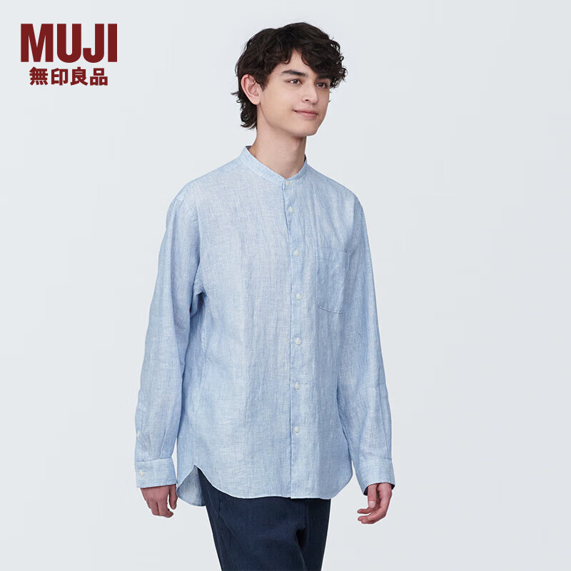 无印良品（MUJI）男式 麻 立领长袖衬衫 男士衬衣 AC9AAA4S 天蓝色条纹 L (175/100A)