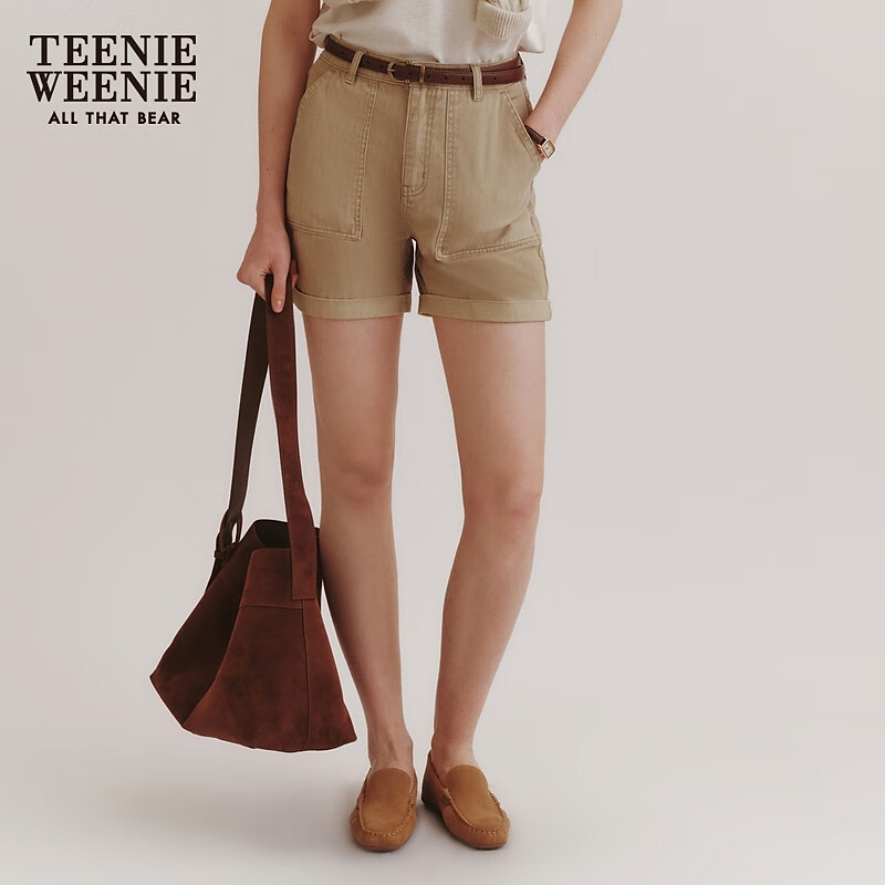 Teenie Weenie小熊女装2024新款夏装复古斜纹肌理感短裤微A牛仔裤