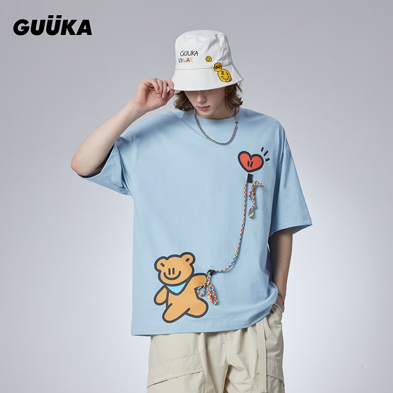 古由卡（GUUKA）xAGAHO联名小熊休闲短袖T恤男夏潮 多色童趣纯棉上衣宽松 钱币蓝F4644 XL