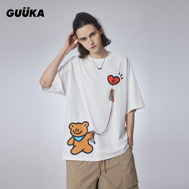 古由卡（GUUKA）xAGAHO联名小熊休闲短袖T恤男夏潮 多色童趣纯棉上衣宽松 白色F4643 M