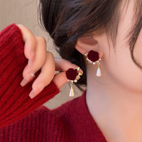 紅色絲絨花朵珍珠耳環小眾輕奢秋冬耳飾女新款獨特氣質耳釘 絲絨花朵珍珠 s925銀針