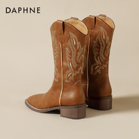 DAPHNE 達芙妮 棕色西部牛仔靴女2024新款春季美拉德靴子刺繡民族風騎士靴