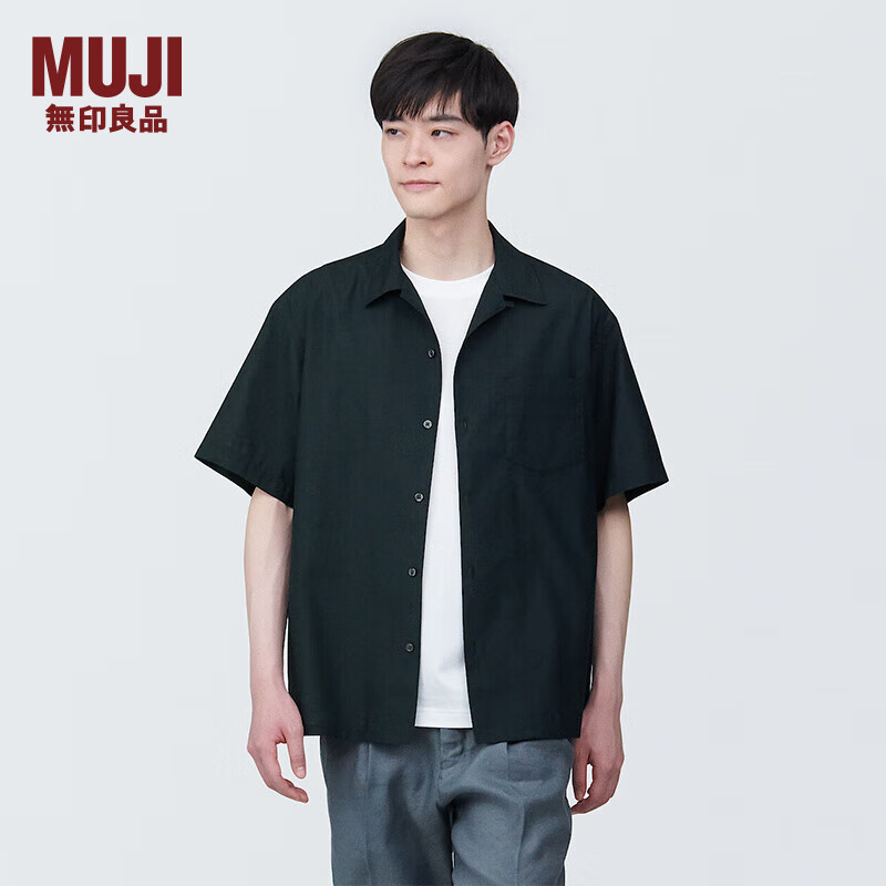 无印良品 MUJI 男式 麻混 短袖衬衫 男士衬衣外套 AC1W2A4S 黑色 L 175/100A