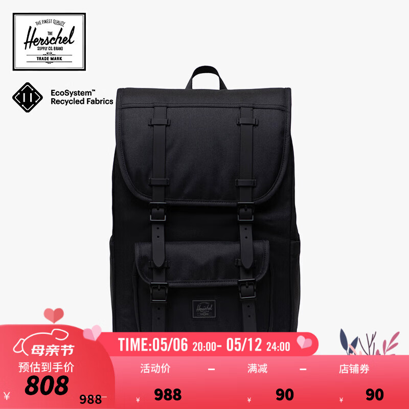 Herschel赫行【黑标系列】Little America20升中号双肩包 纯黑色 20L