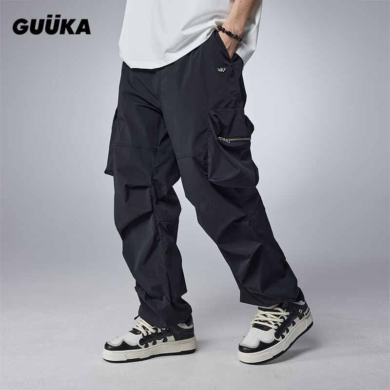 古由卡（GUUKA）潮牌立体口袋直筒休闲长裤男夏 时尚分割柔软裤子百搭宽松 黑色 XL