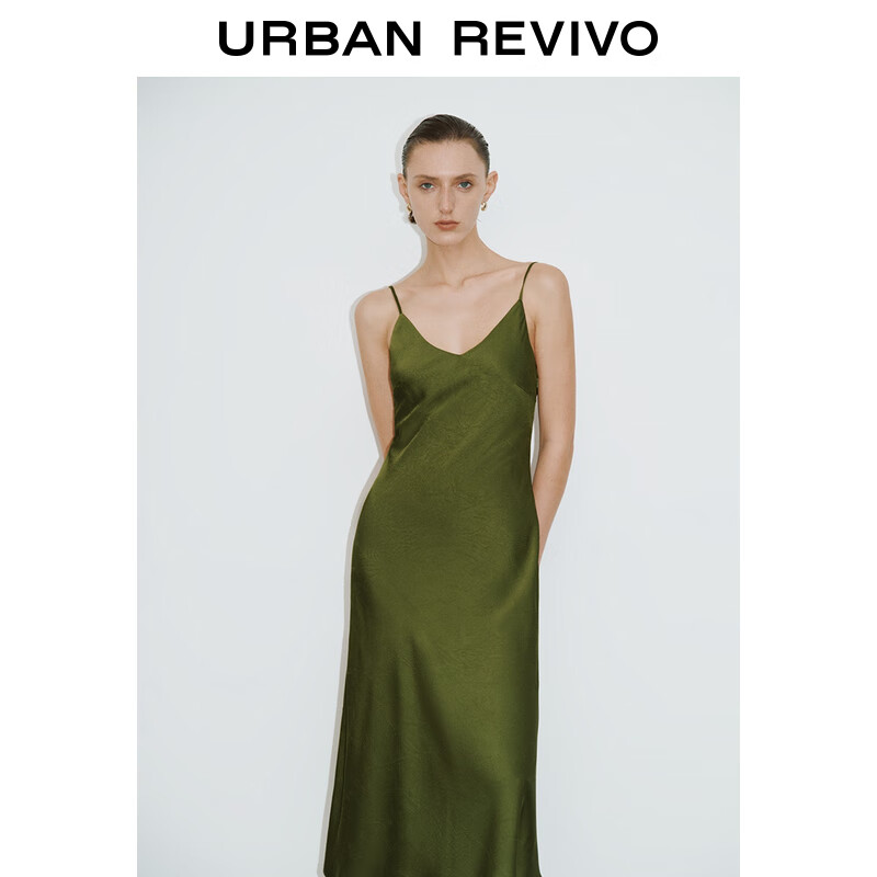UR2024夏季女装都市魅力肌理感V领吊带连衣裙UWG740093 橄榄绿 S