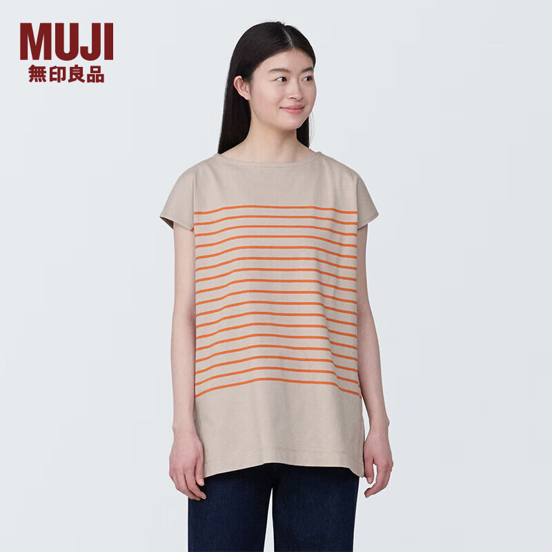 无印良品（MUJI）女式条纹法国袖束腰上衣短袖t恤打底衫纯棉 BB2PAA4S 橙色条纹 M (160/84A )