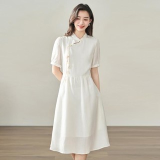 INMAN 茵曼 国风新中式连衣裙女夏季复古白色裙子