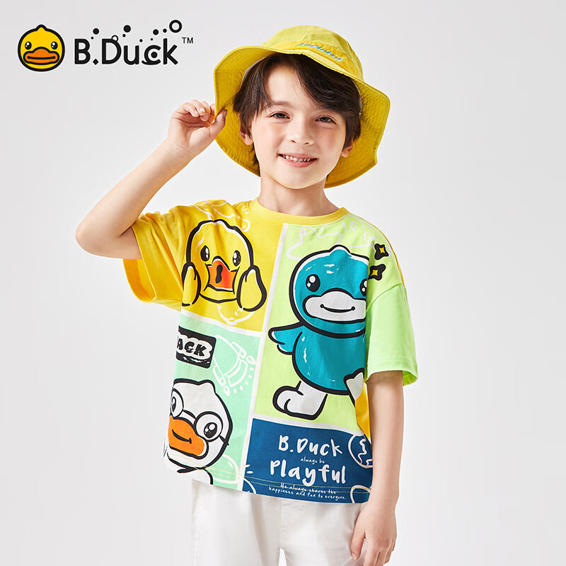 B.Duck小黄鸭童装儿童短袖T恤夏季2024纯棉中大童男童上衣半袖 绿色 105cm