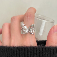 Trendolla 金屬立體鏤空蝴蝶珍珠戒指小眾設計網紅氣質百搭開口食指戒
