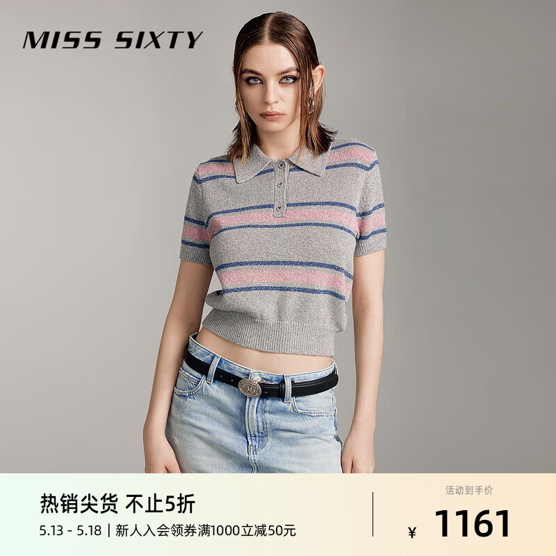 MISS SIXTY2024夏季针织衫女polo领短袖短款拼色休闲上衣 灰色 S
