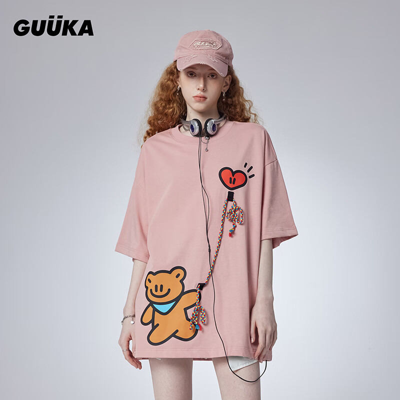 古由卡（GUUKA）xAGAHO联名休闲短袖T恤女夏潮 创意彩绳时尚宽松百搭纯棉上衣 粉色 XS