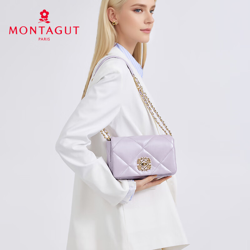 梦特娇（MONTAGUT）包包女包羊皮小方包2024轻奢侈女士斜挎包单肩品牌包包 丁香紫RA512032111