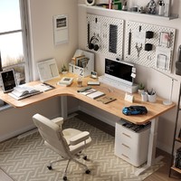 WZO 實木白蠟木轉角升降書桌L型電動電腦桌拐角辦公桌