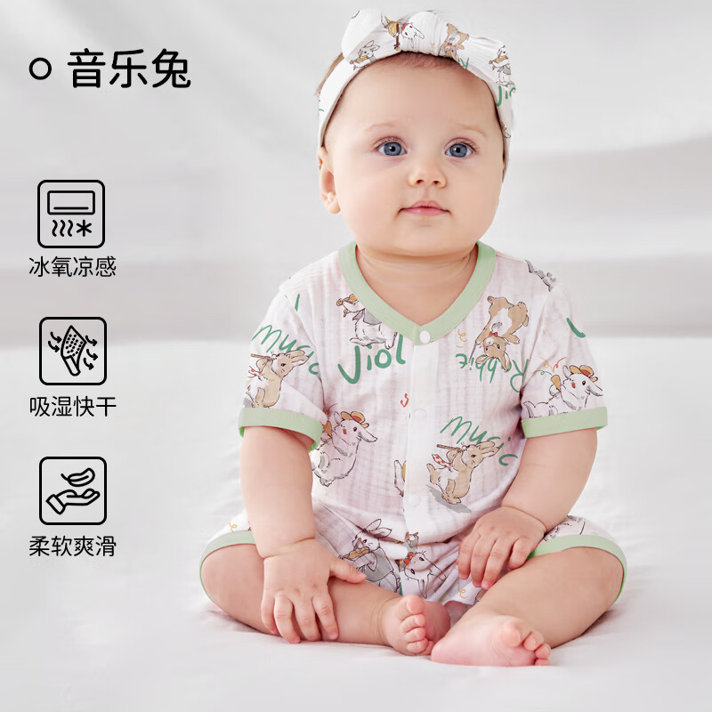 欧孕2024婴儿连体衣夏季婴幼儿衣服男女宝宝薄款空调服哈衣长袖睡袋 音乐兔(短袖) 80码