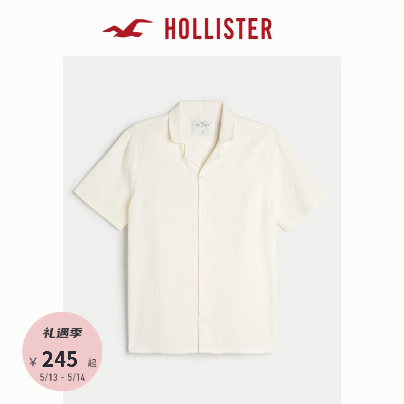 HOLLISTER 24春夏美式纯色织纹棉质短袖衬衫 男 KI325-4033 奶油色 XL (180/116A)