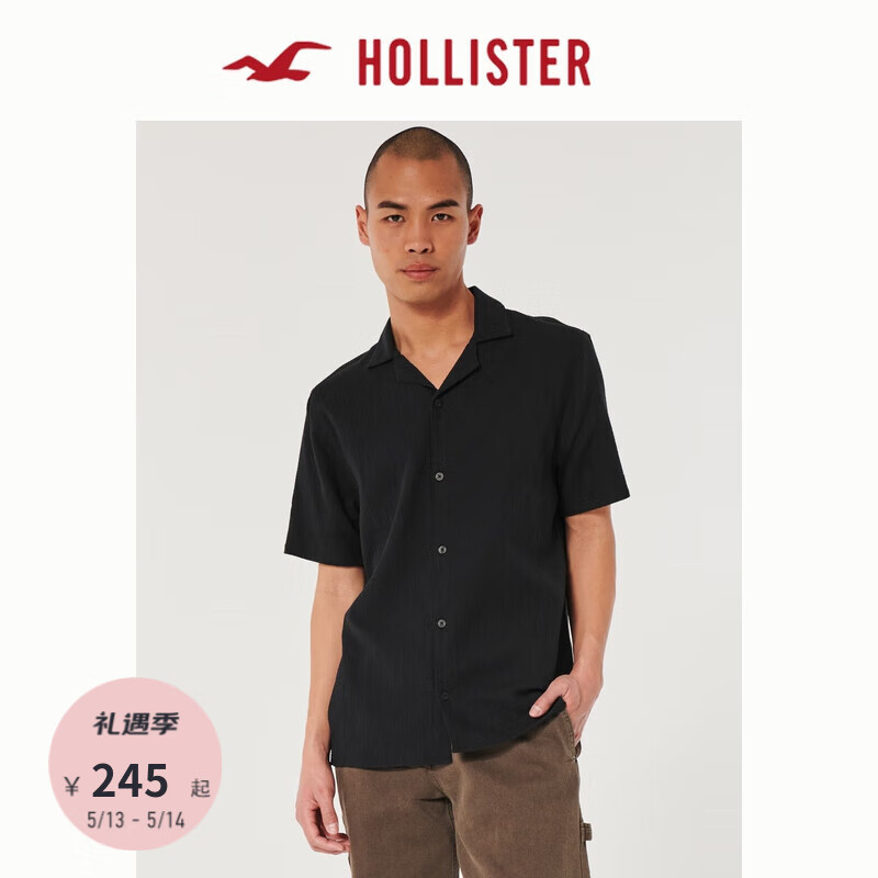 HOLLISTER 24春夏美式纯色织纹棉质短袖衬衫 男 KI325-4033 黑色 M (180/100A)