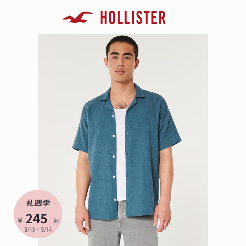 HOLLISTER 24春夏美式纯色织纹棉质短袖衬衫 男 KI325-4033 深蓝绿色 L (180/108A)