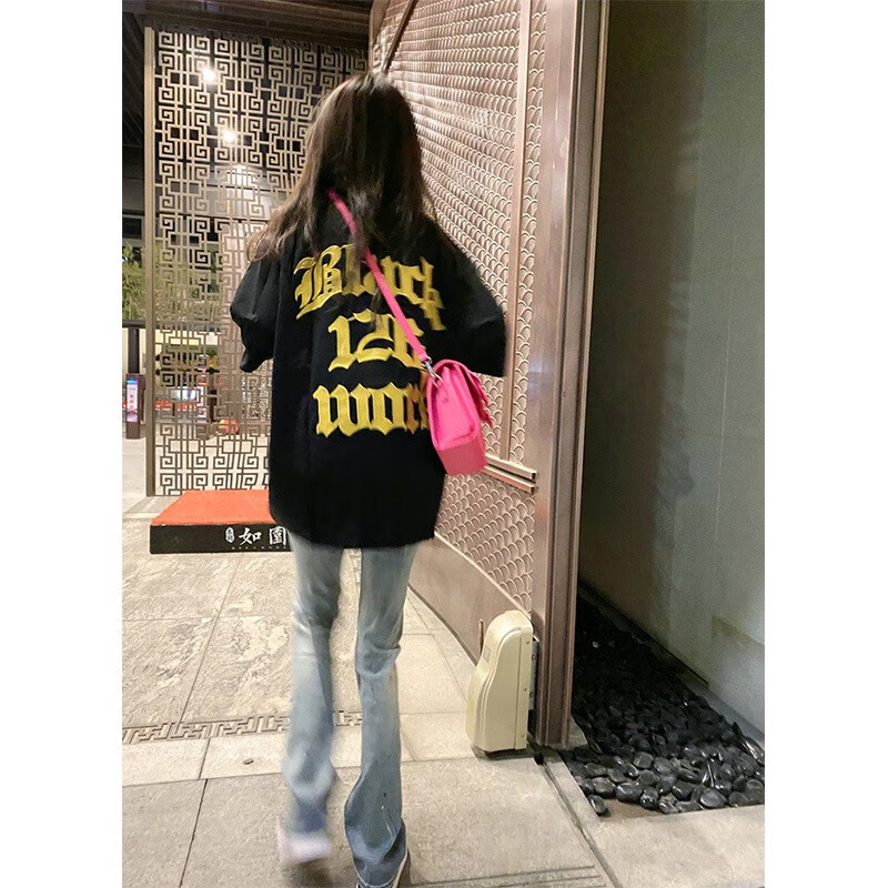 索菲堡 纯棉美式高街短袖t恤女夏季韩版宽松慵懒风小众ins上衣 黑色 XL