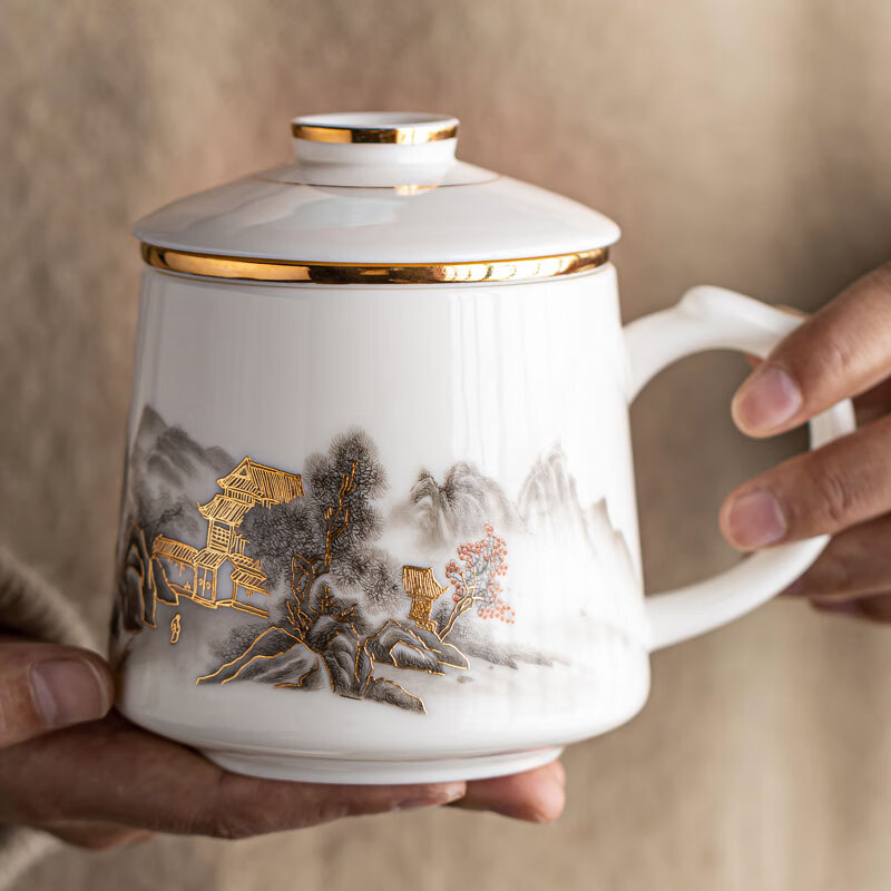 金镶玉陶瓷办公杯喝茶杯子茶水分离大容量马克杯礼盒装 水墨雅韵