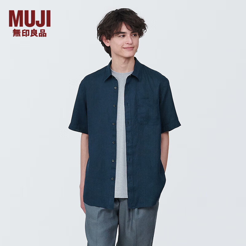 无印良品（MUJI） 男式 麻 短袖衬衫 男士衬衣外套 AC9ABA4S 藏青色 M(170/92A)