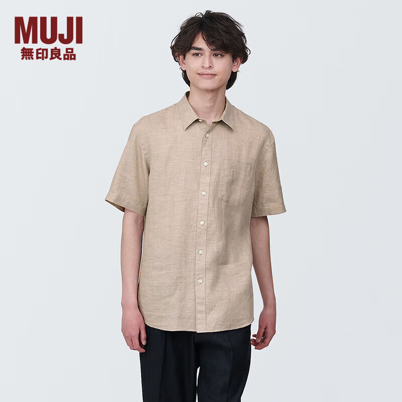无印良品（MUJI） 男式 麻 短袖衬衫 男士衬衣外套 AC9ABA4S 原色 S(165/84A)