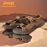 Jeep 吉普 夏季戶外休閑鞋防滑耐磨透氣潮流男士露趾沙灘真皮涼鞋