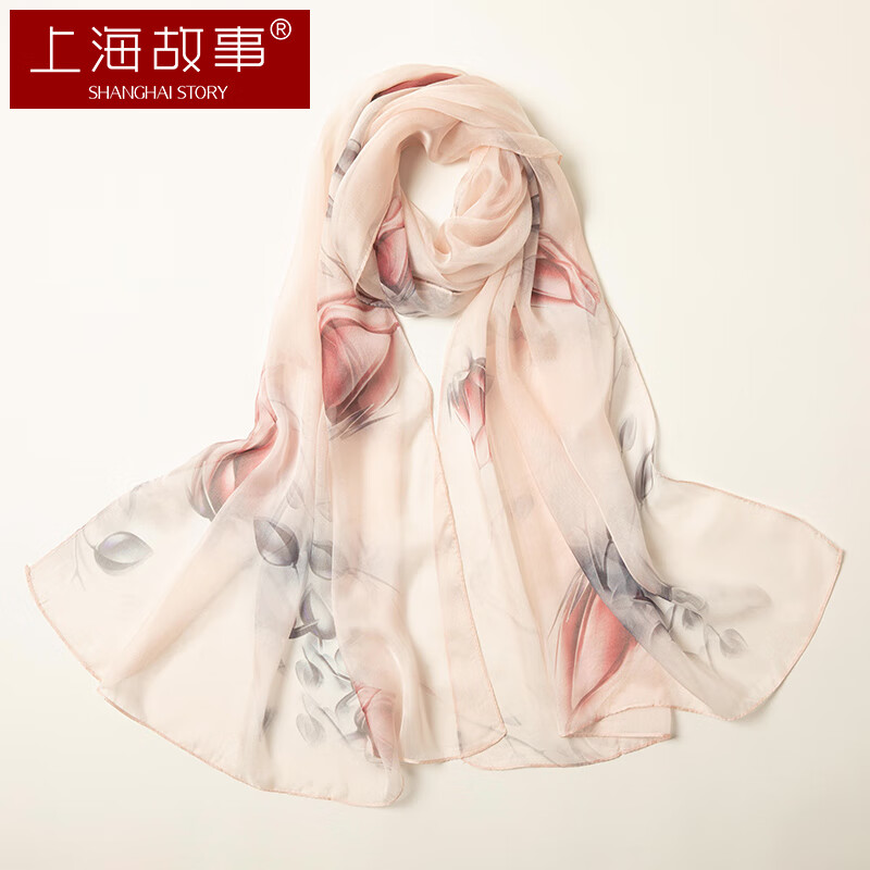 上海故事真丝丝巾女士100%桑蚕丝雪纺纱巾披肩长辈母亲节实用围巾礼盒 玫瑰粉