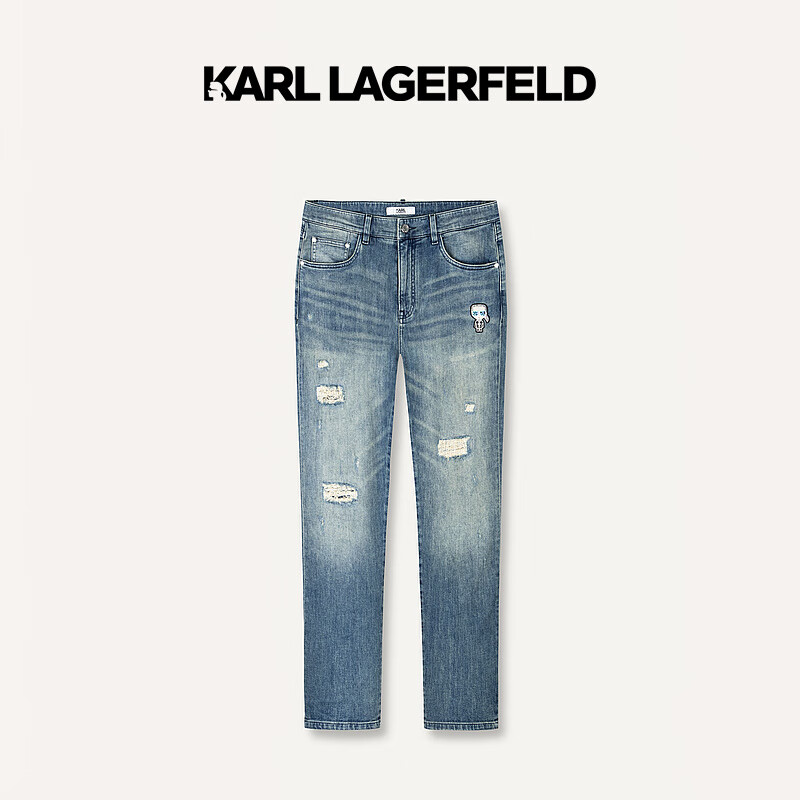 Karl Lagerfeld卡尔拉格斐轻奢老佛爷男装 2024夏款KARL钉珠破洞牛仔裤 蓝色 30