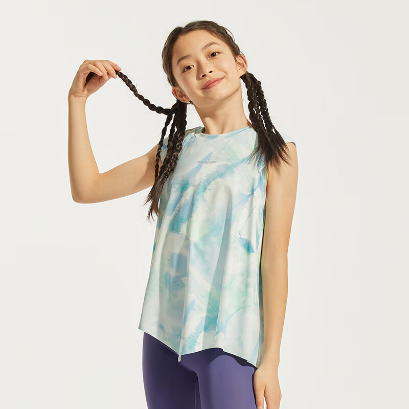 moodytiger女童短袖T恤24夏季印花清爽透气百搭薄款运动背心 谧色蓝 120cm
