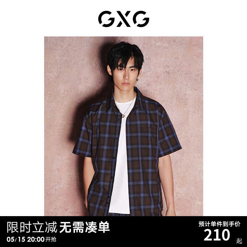 GXG男装    格纹设计休闲复古翻领短袖衬衫男士上衣 24年夏季 蓝咖格 170/M