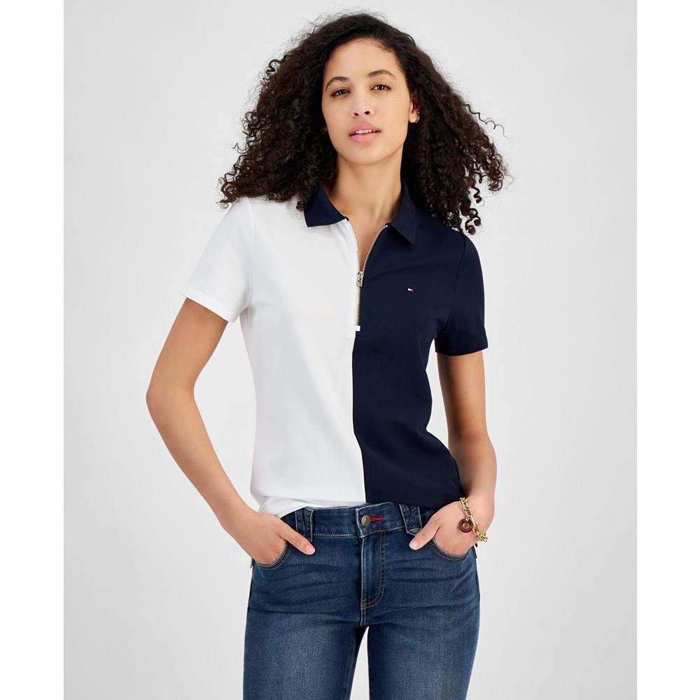 Women's Colorblock Zip-Front Polo Shirt