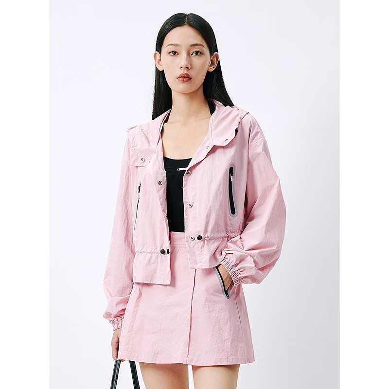 太平鸟粉色防晒服运动套装女2024夏装设计感撞色户外夹克外套 粉色外套(第一批) S